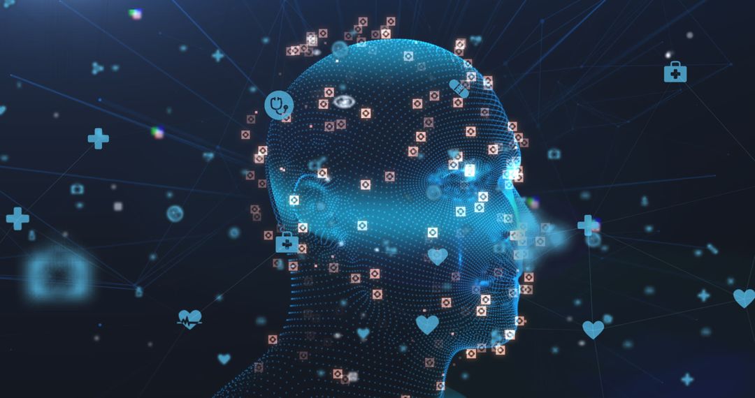 Digital Head with Medical Symbols Illuminating AI Technology Advancements