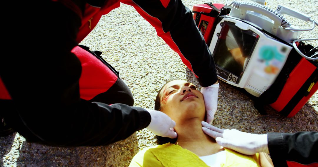 Paramedics Assessing Injured Woman on Urban Road - Free Images, Stock Photos and Pictures on Pikwizard.com