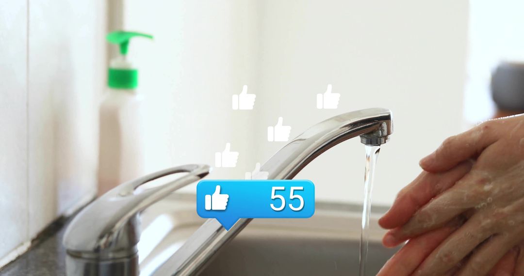 Hands Washing Under Faucet with Soap Dispenser and Like Counts