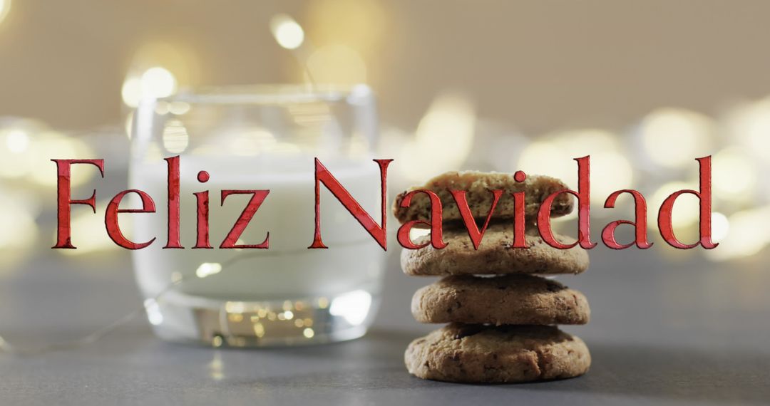 Feliz Navidad Text Over Christmas Cookies and Milk with Bokeh Lights