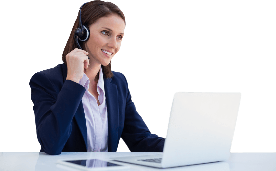 Transparent Businesswoman in Headset Communicating Online with Laptop
