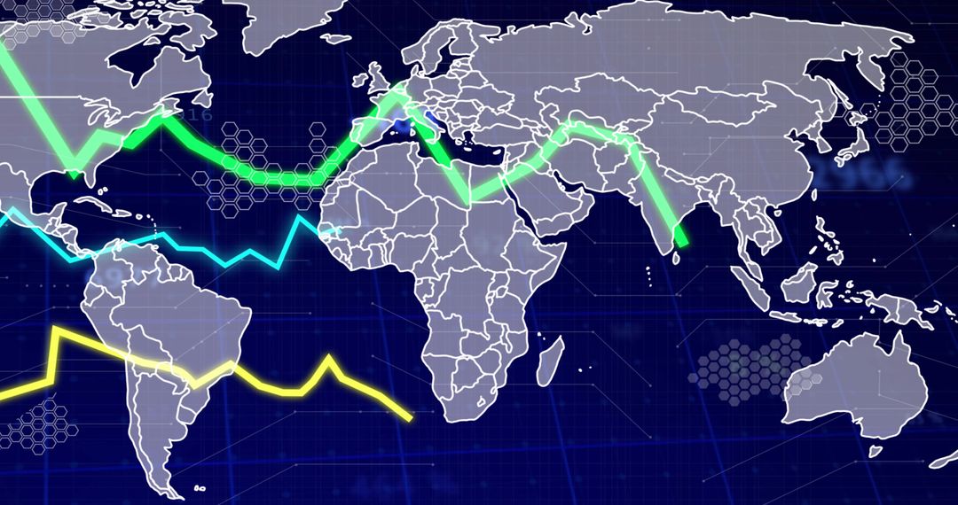 Futuristic World Map with Global Trend Lines and Digital Analytics
