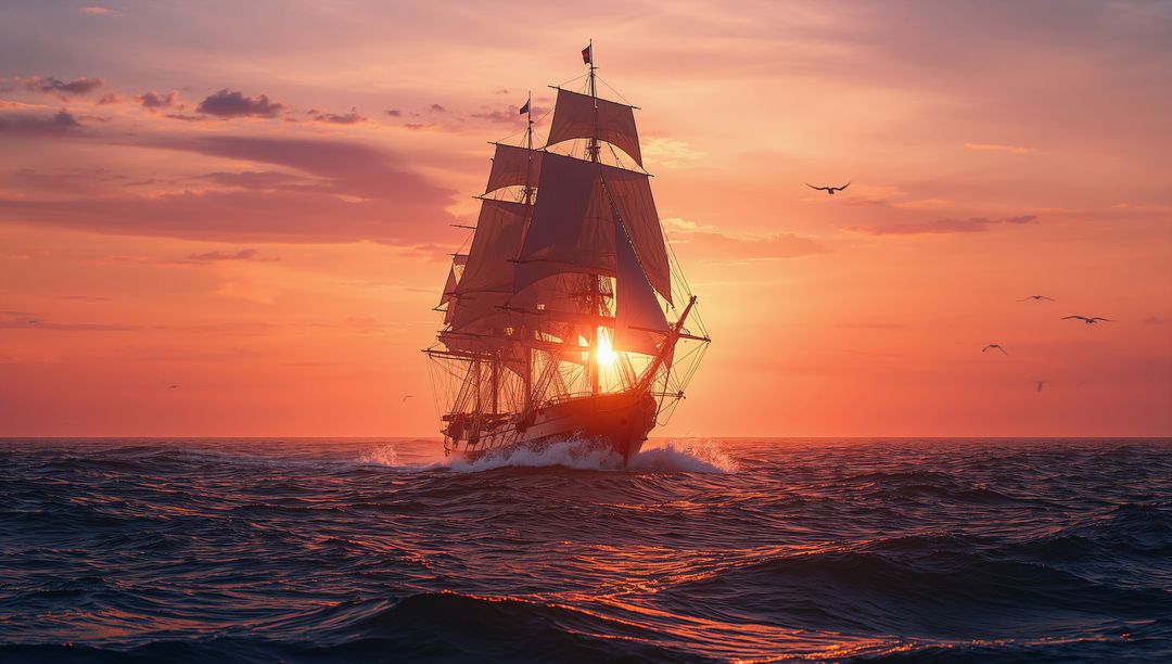 Sailing Ship at Sea Sunset with Red Sails and Seagulls