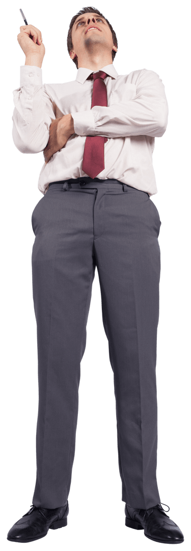 Caucasian Businessman Thinking Holding Pen on Transparent Background