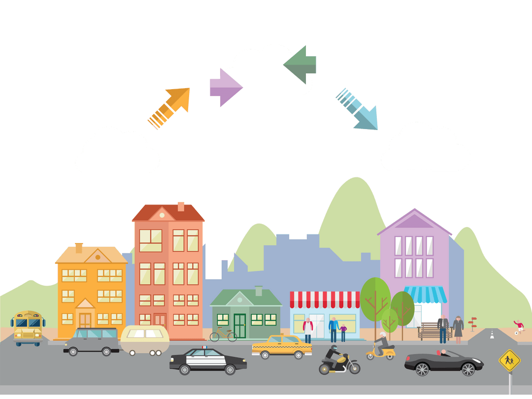 Transparent Cityscape Illustration with Vehicles and Arrows