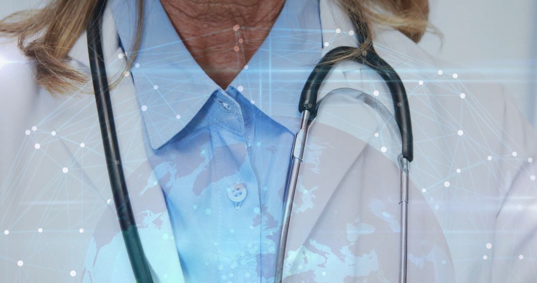 Senior Doctor in Clinic with Stethoscope and Digital Global Network Overlay