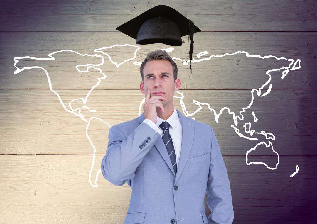 Businessman with mortarboard above head and world map against wooden background - Free Images, Stock Photos and Pictures on Pikwizard.com
