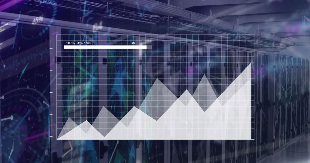 Digital Data Graphs Superimposed on Server Room Technology