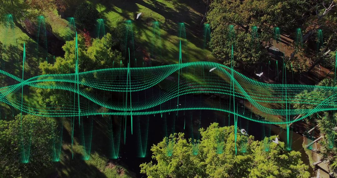 Digital Waveforms Integrating into Serene Park Landscape