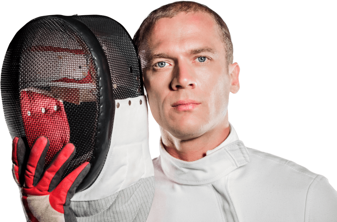 Thoughtful Fencer Holding Transparent Mesh Helmet
