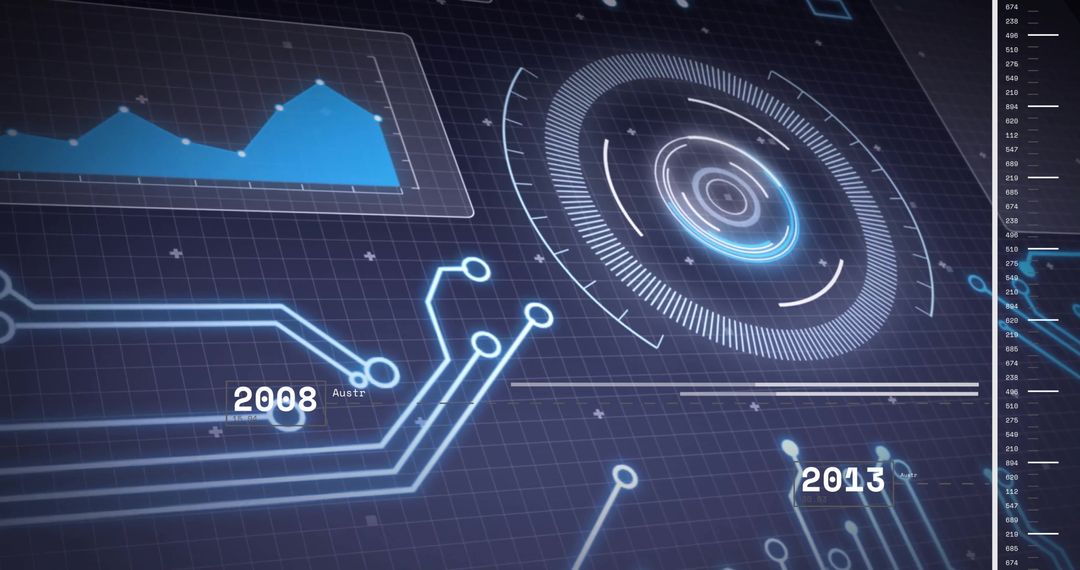 Futuristic HUD Interface with Neon Circuits and Timeline Display