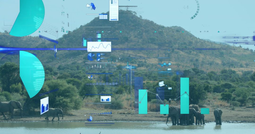 Integrating Technology and Wildlife: Elephants at Waterhole Amidst Data Visualizations