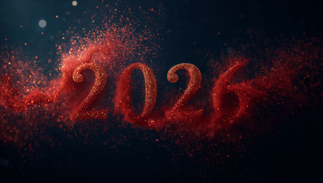 2026 glowing red glitter numerals with cinematic bokeh and particle burst
