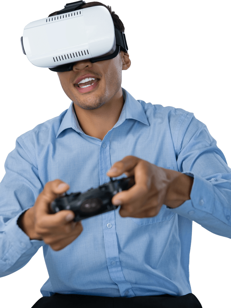 Businessman Enthusiastically Engaging in VR Gaming Transparent Background