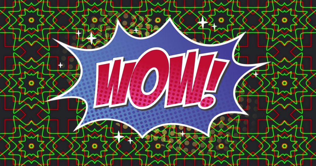Retro Pop Art Typography 'WOW' Amidst Vibrant Geometric Patterns