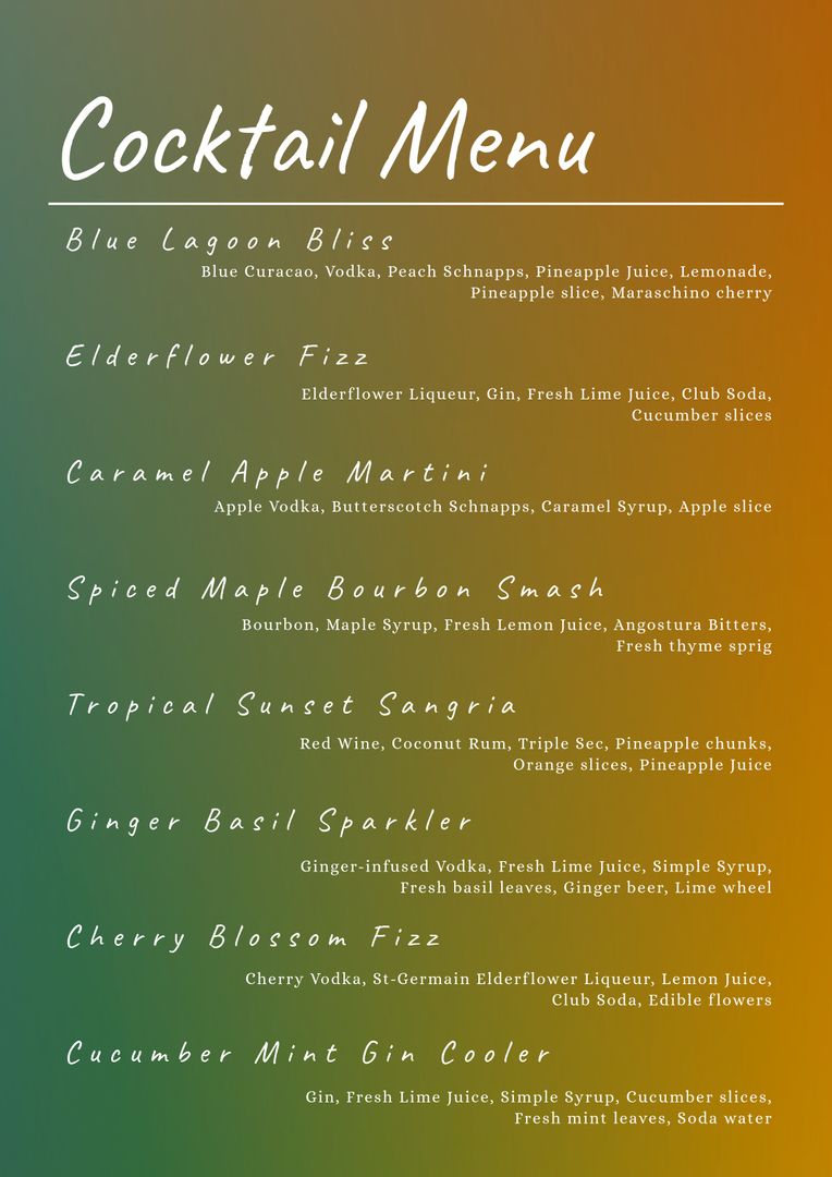 Elegant Cocktail Menu Featuring Diverse Selection of Drinks - Download Free Stock Templates Pikwizard.com
