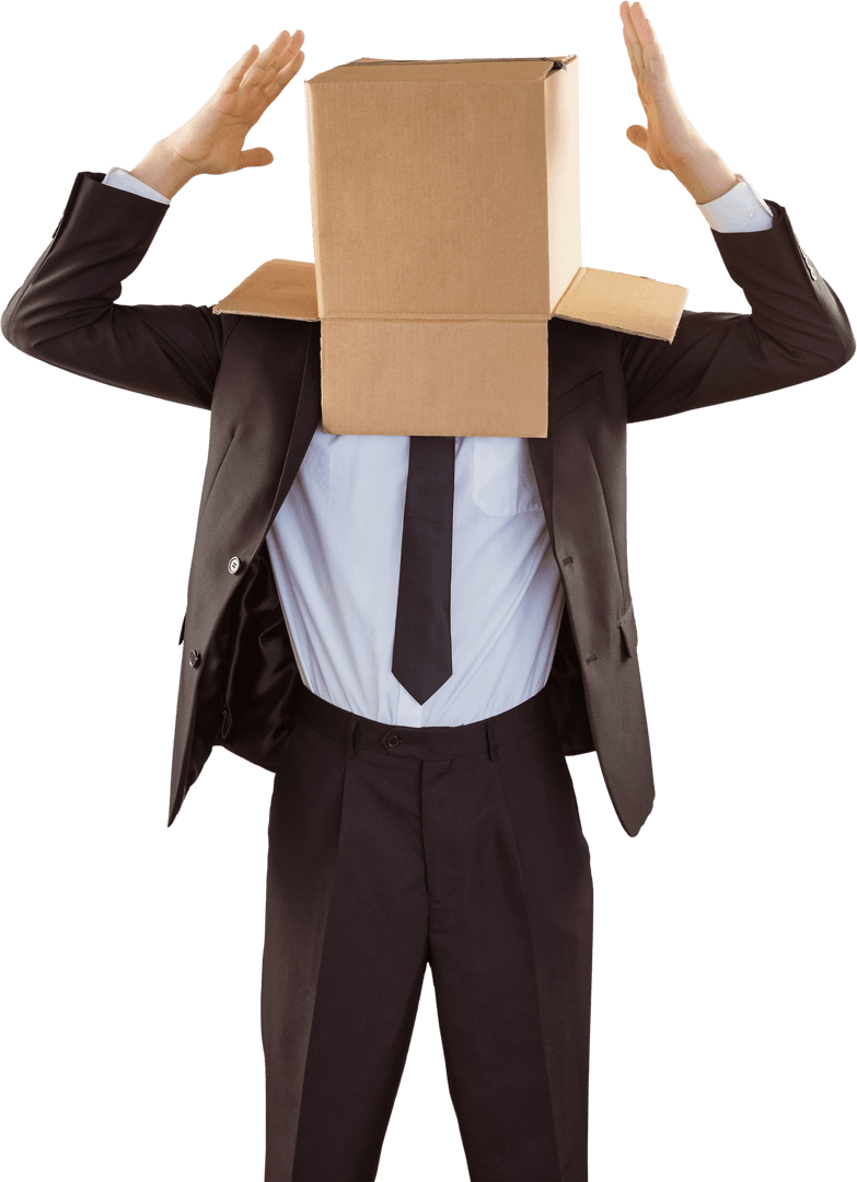 Suit and Box Head Illustration Expressing Confusion on Transparent Background