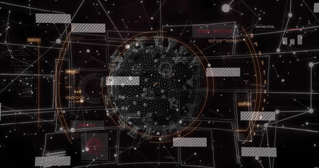Rotating Wireframe Virus Globe with Cyber HUD and VIRUS DETECTED Alert for Cybersecurity