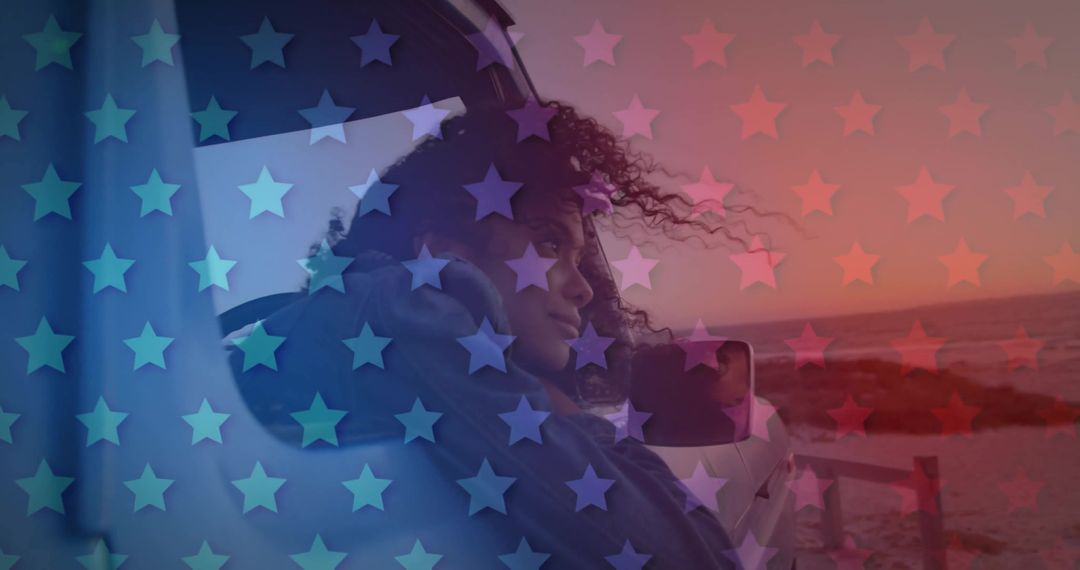 Contemplative Woman in Car with Patriotic Overlay at Sunset