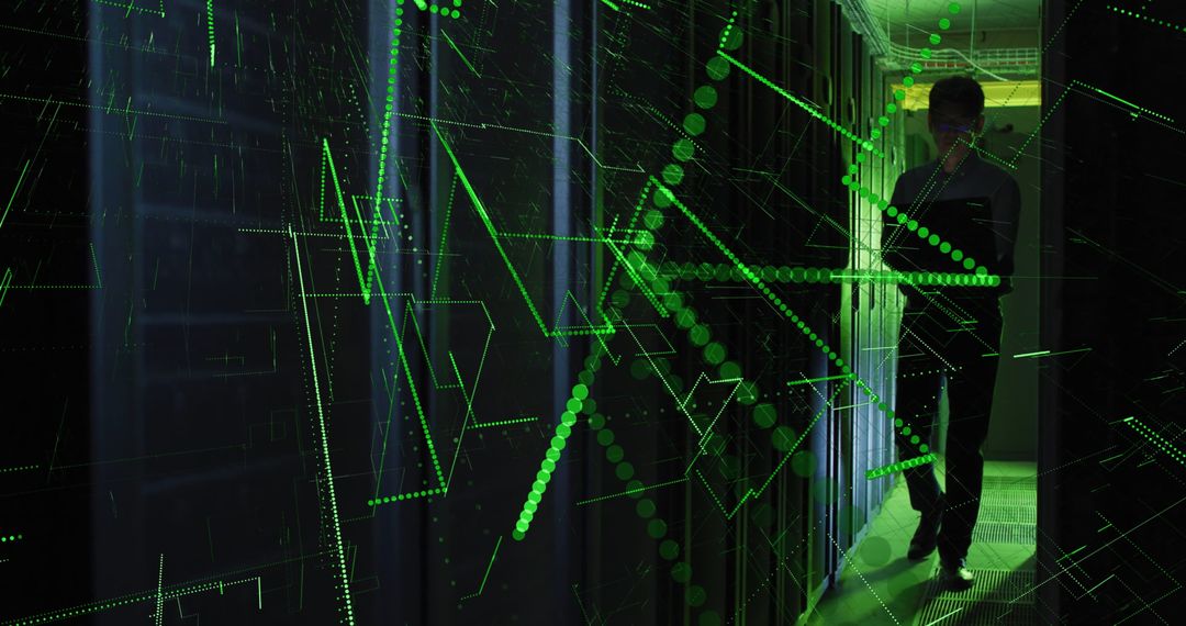 IT Engineer Analyzing Data in Advanced Server Room with Digital Overlay