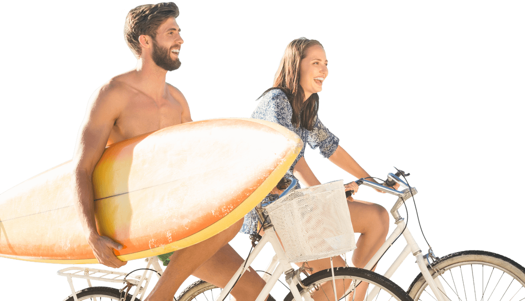 Happy Couple Biking with Surfboard on Transparent Background