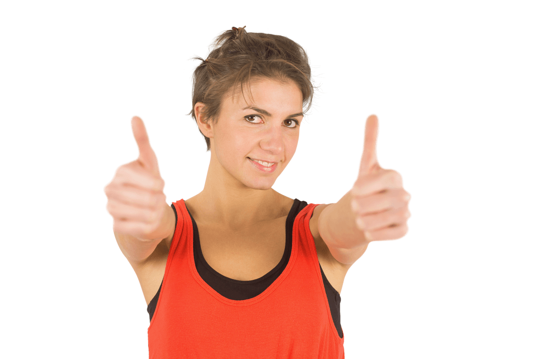 Smiling Brunette Woman Giving Thumbs Up on Transparent Background