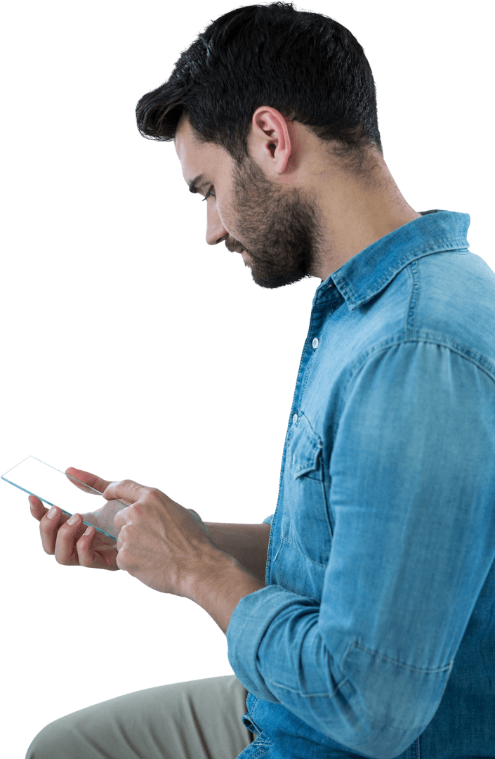 Man Engaging with Futuristic Transparent Mobile Phone Isolated