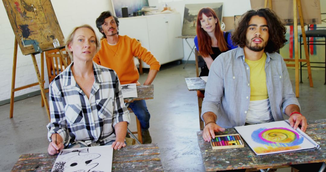 Diverse Adult Students Engaged in Art Class with Creative Expressions