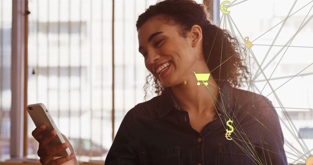 Smiling Woman Using Smartphone with Digital Shopping Elements