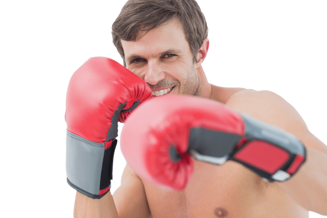 Smiling Boxer in Red Gloves on Transparent Background