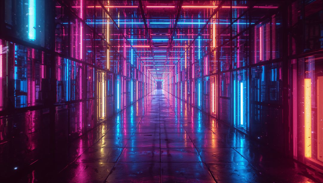 Futuristic Neon Corridor with Reflective Surfaces and Glass Panels