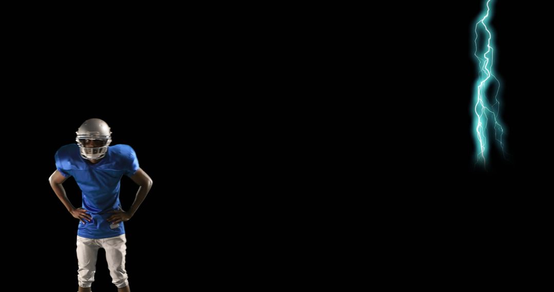 Confident Football Player Against Dramatic Lightning Background