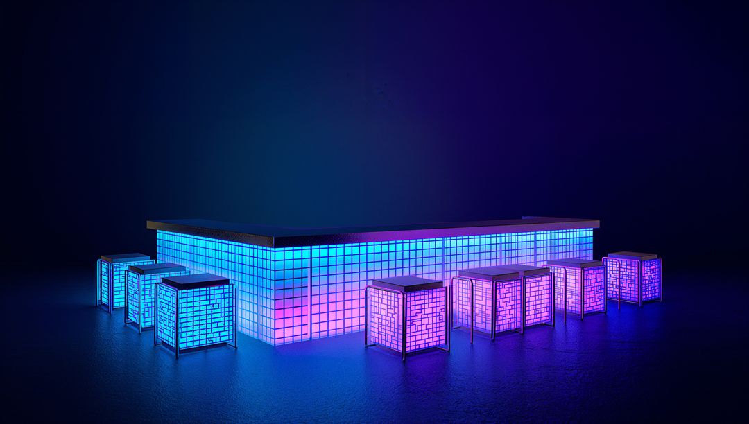 Minimalist Neon Grid Bar Glowing Cyan and Magenta, Illuminated Cube Stools on Glossy Floor