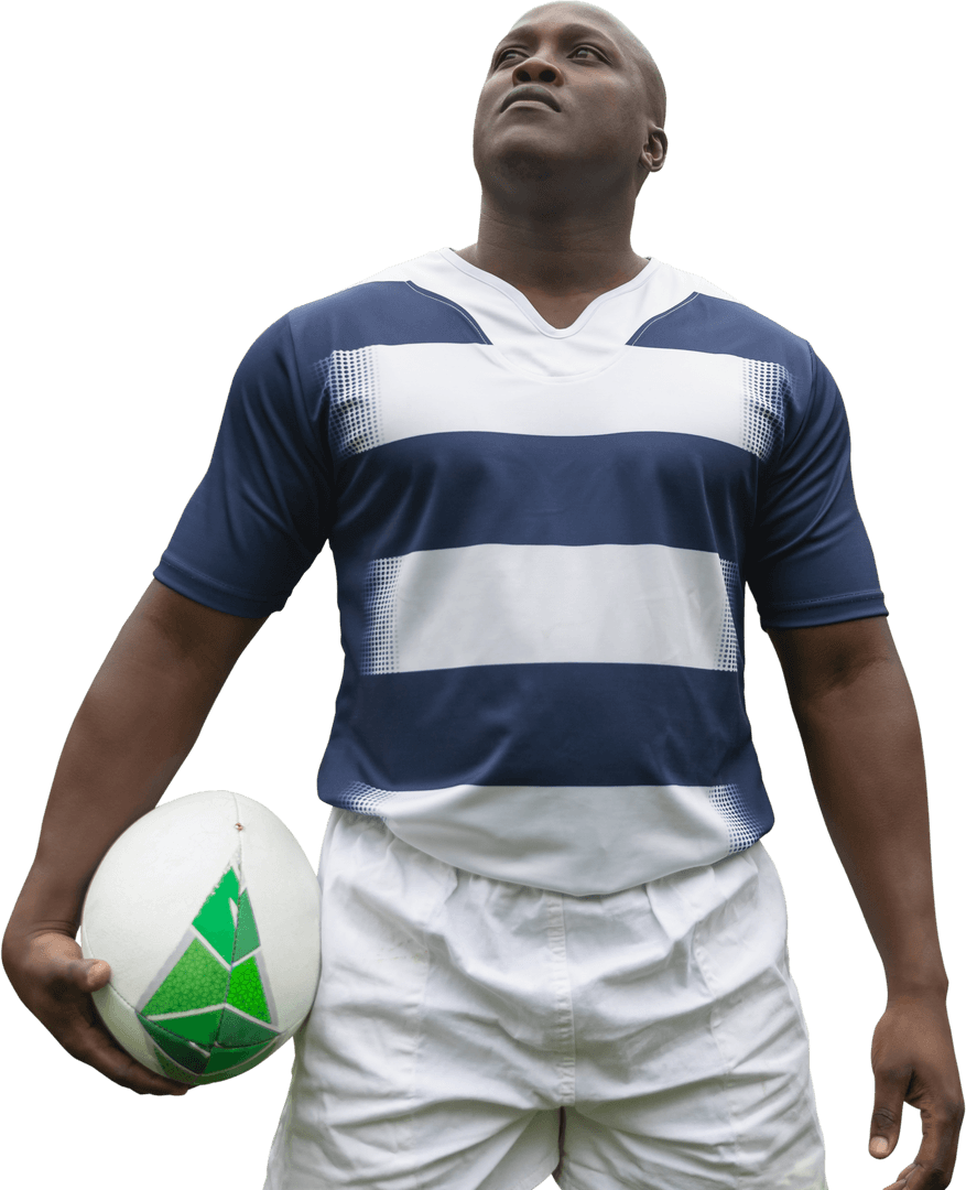 Strong Rugby Player Holding Ball on Transparent Background