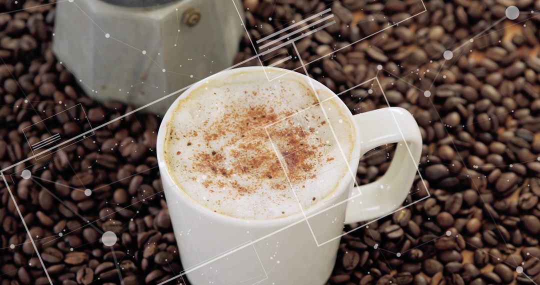 Frothy Cappuccino Mug Nestled in Coffee Beans with Digital Network Overlay