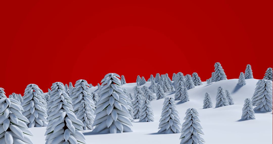 Snow-Draped Fir Trees with Striking Red Sky