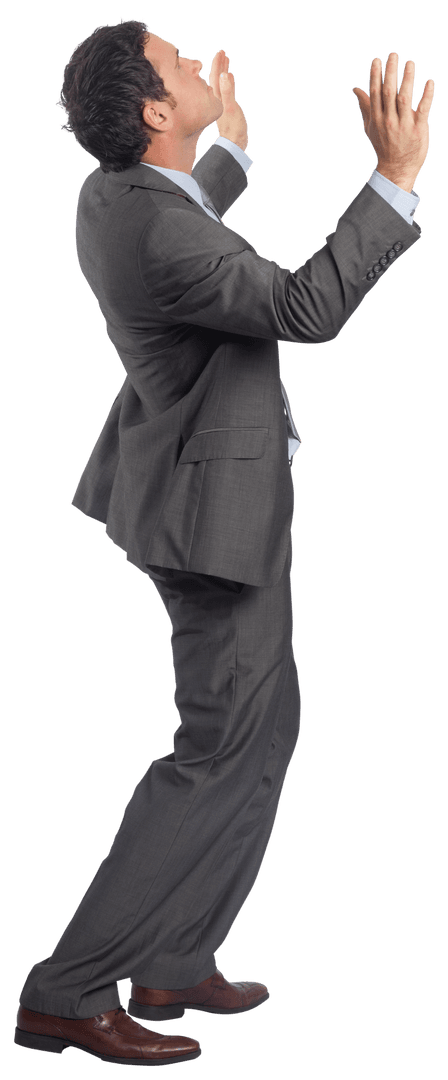 Confident Businessman Raising Hands in Success Gesture on Transparent Background