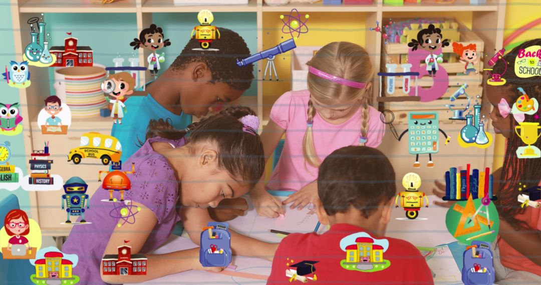 Diverse Schoolchildren Engaging in Creative Drawing with School Icons Overlay