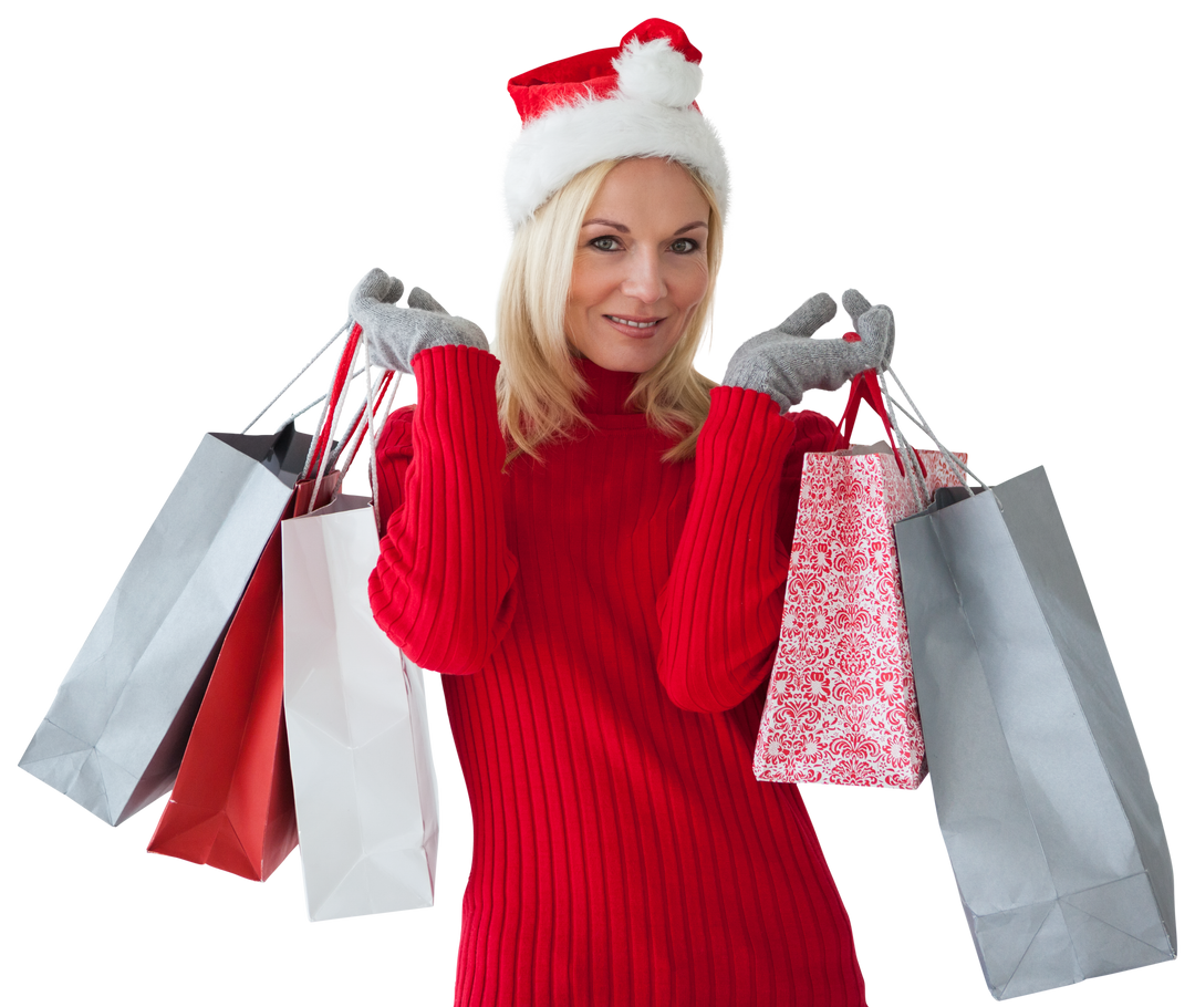 Christmas Shopping Woman Holding Bags with Santa Hat on Transparent - Download Free Stock Images Pikwizard.com