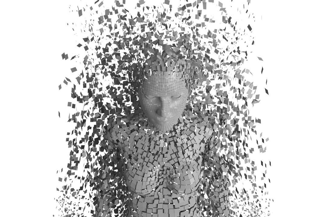 Transparent 3D Pixelated Female Figure Disintegrating in Front of Black Background - Download Free Stock Images Pikwizard.com