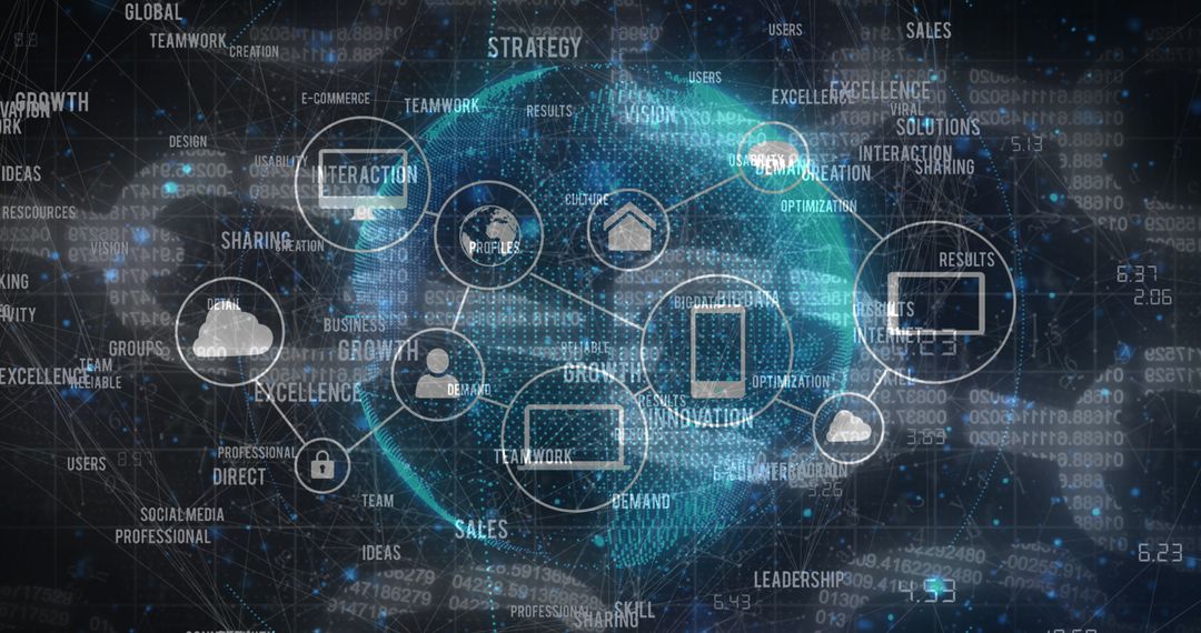Global Digital Data Network with Icons and Keywords
