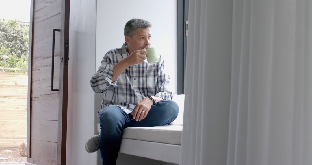 Middle-aged Man Enjoying Coffee by Window at Home - Free Images, Stock Photos and Pictures on Pikwizard.com