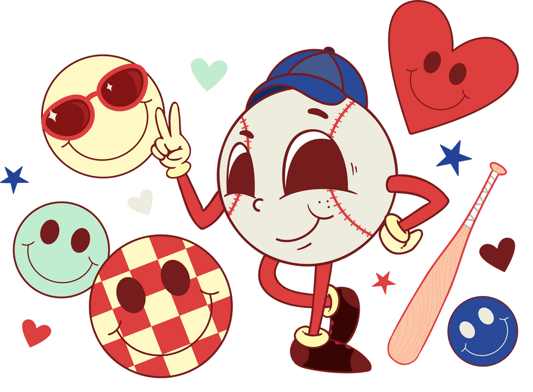 Playful Baseball Character with Emoticons on Transparent Background