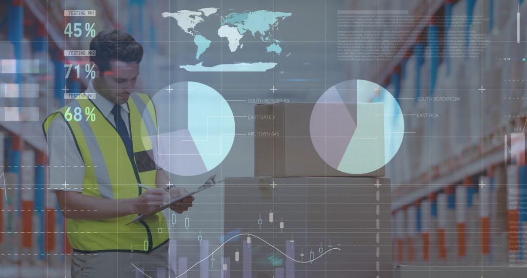 Warehouse Worker Analyzing Data With Digital Finance Graphs Overlay - Free Images, Stock Photos and Pictures on Pikwizard.com