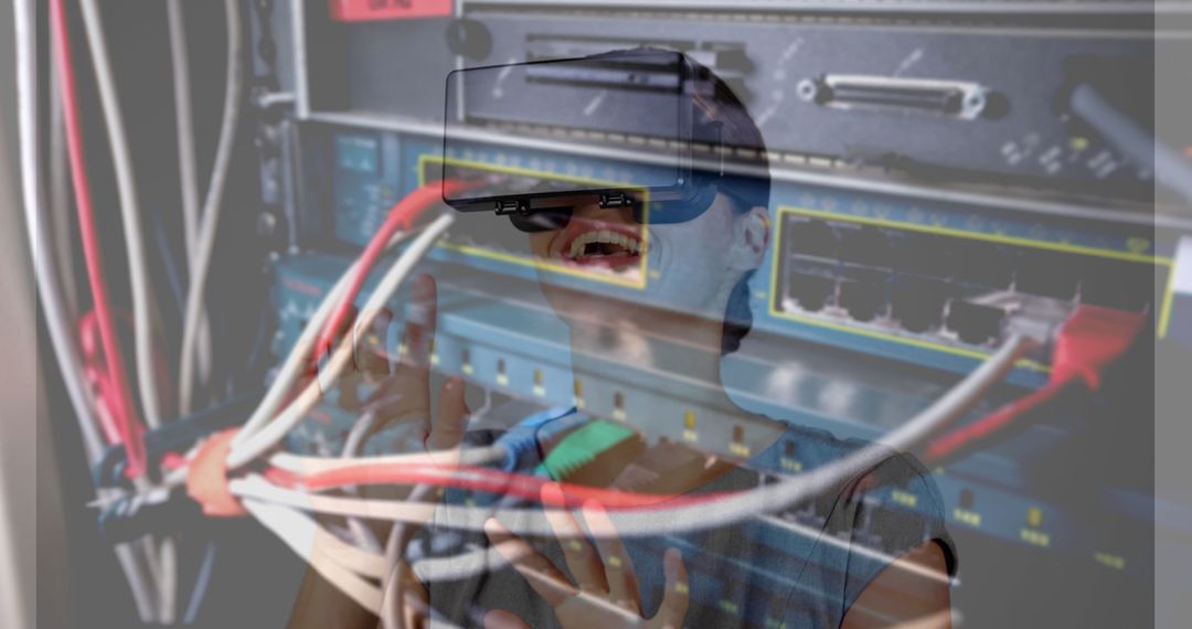 Woman Experiencing Virtual Reality Overlaying Server Room