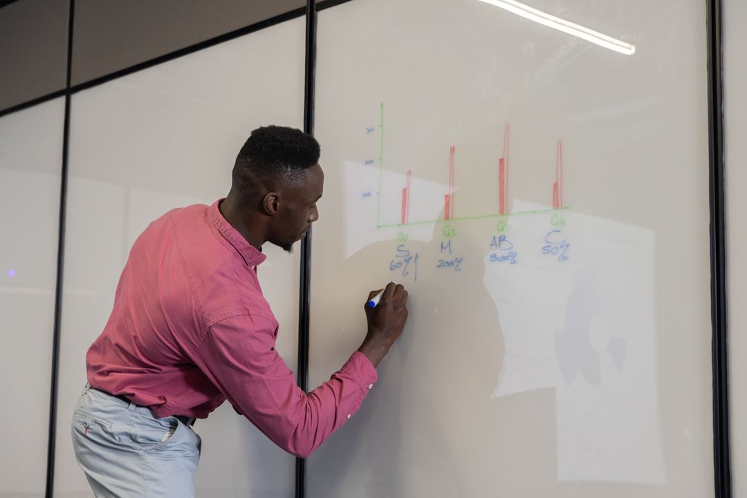 Businessman Drawing Bar Chart on Wall-Mounted Whiteboard