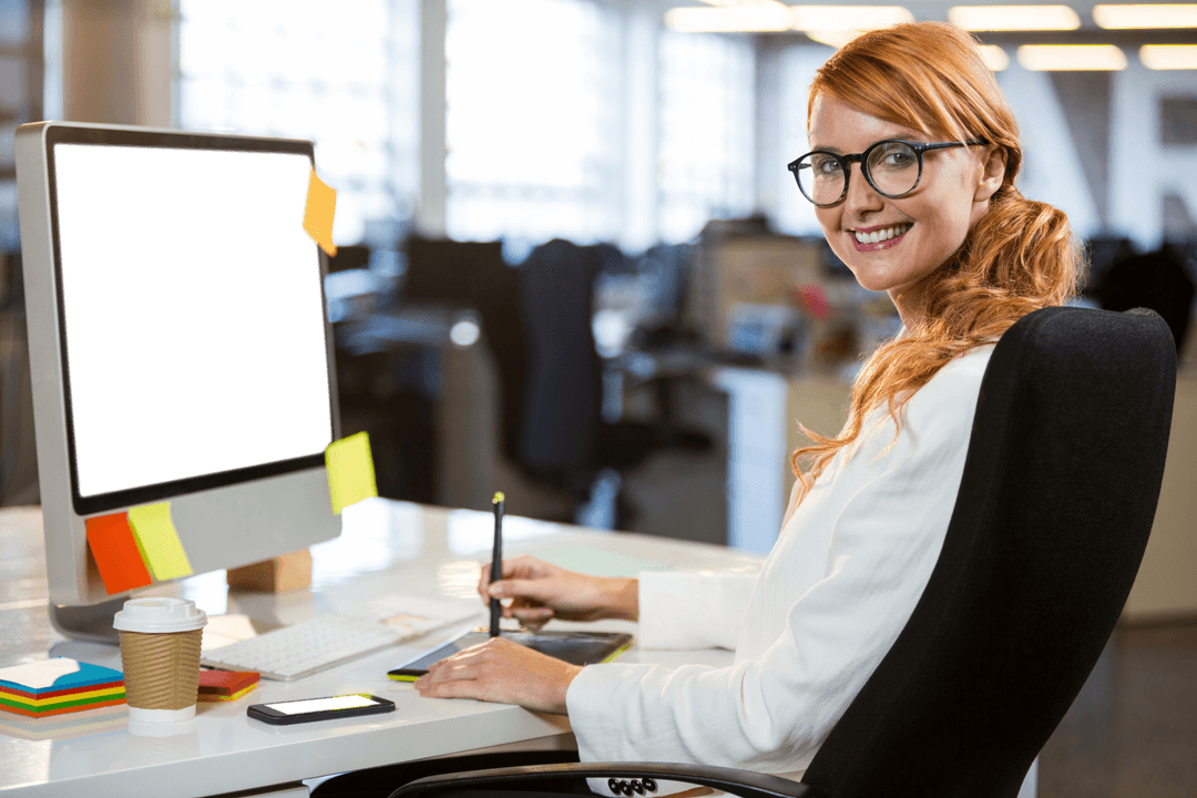 Smiling Businesswoman with Blank Transparent Screen in Modern Office