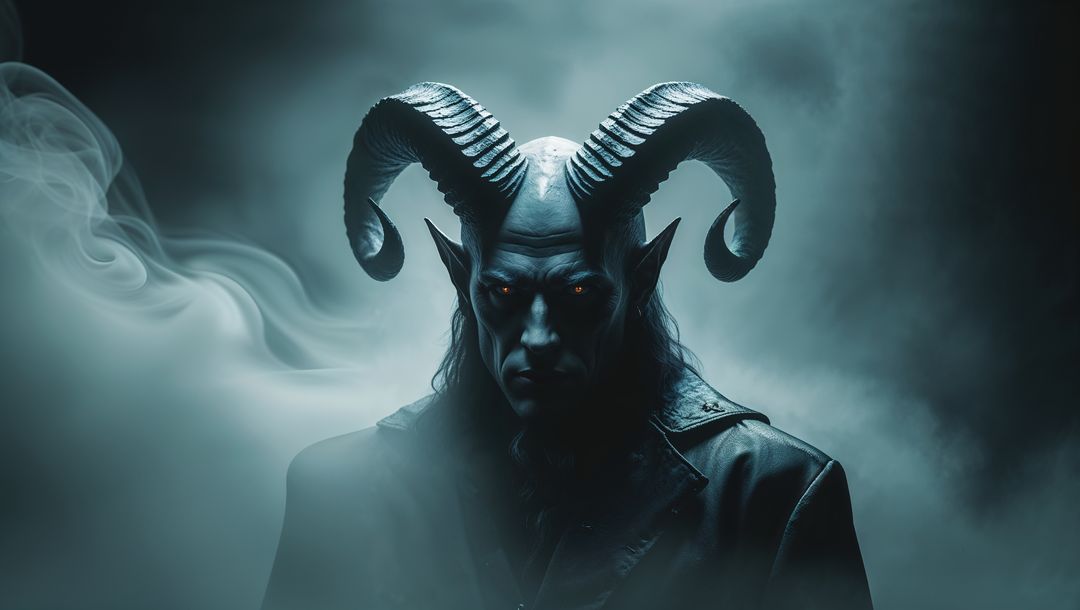Satan in misty enigmatic surrounding with curved horns