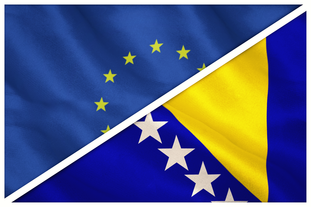 Close-up of European Union and Bosnian Flags in Symbolic Diagonal Split - Download Free Stock Images Pikwizard.com