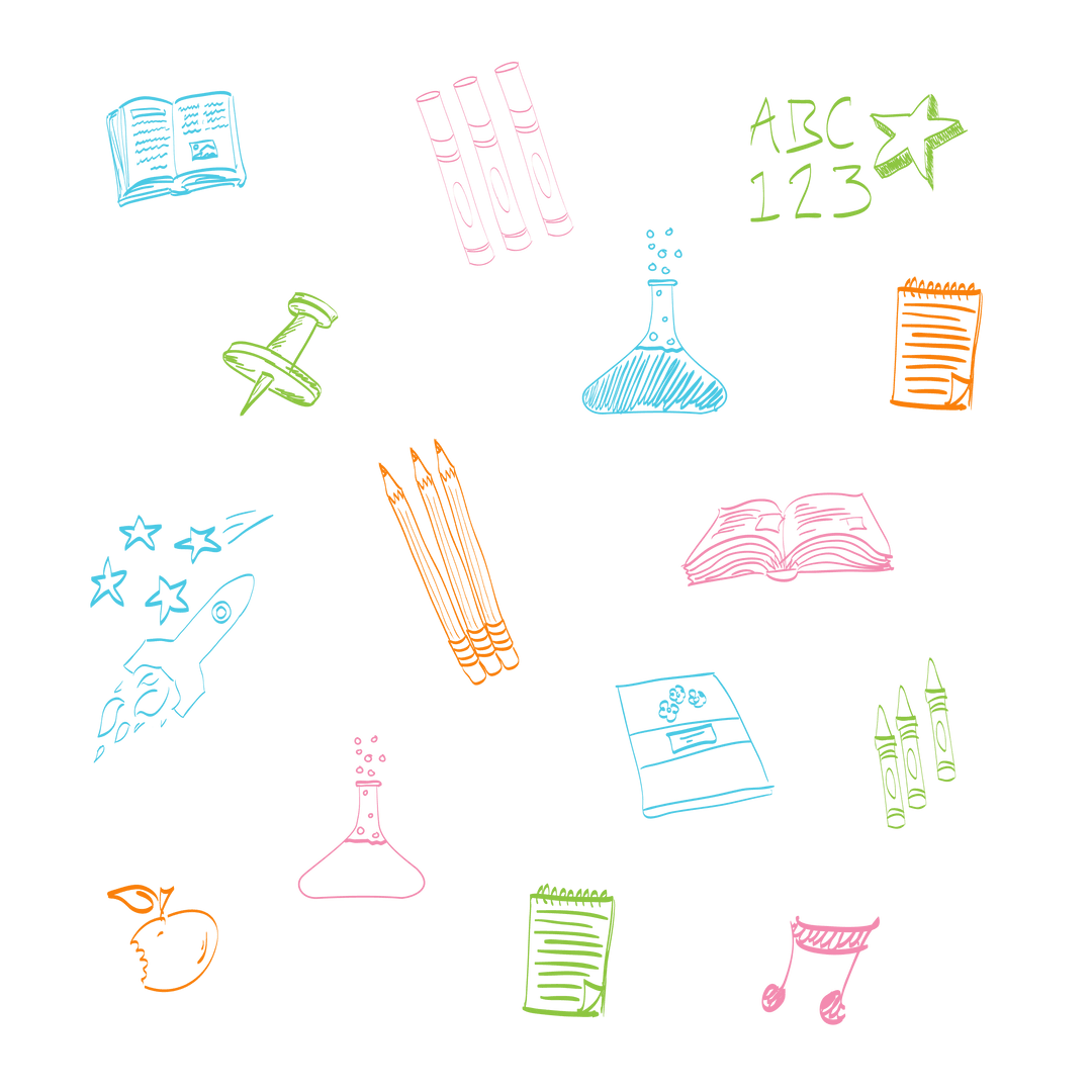 Colorful School Items Icons on Transparent Background